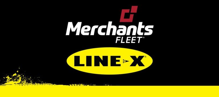Black background with "Merchants Fleet" in bold white above a yellow oval featuring "LINE-X" in black. A yellow splash overlaps the lower edge.