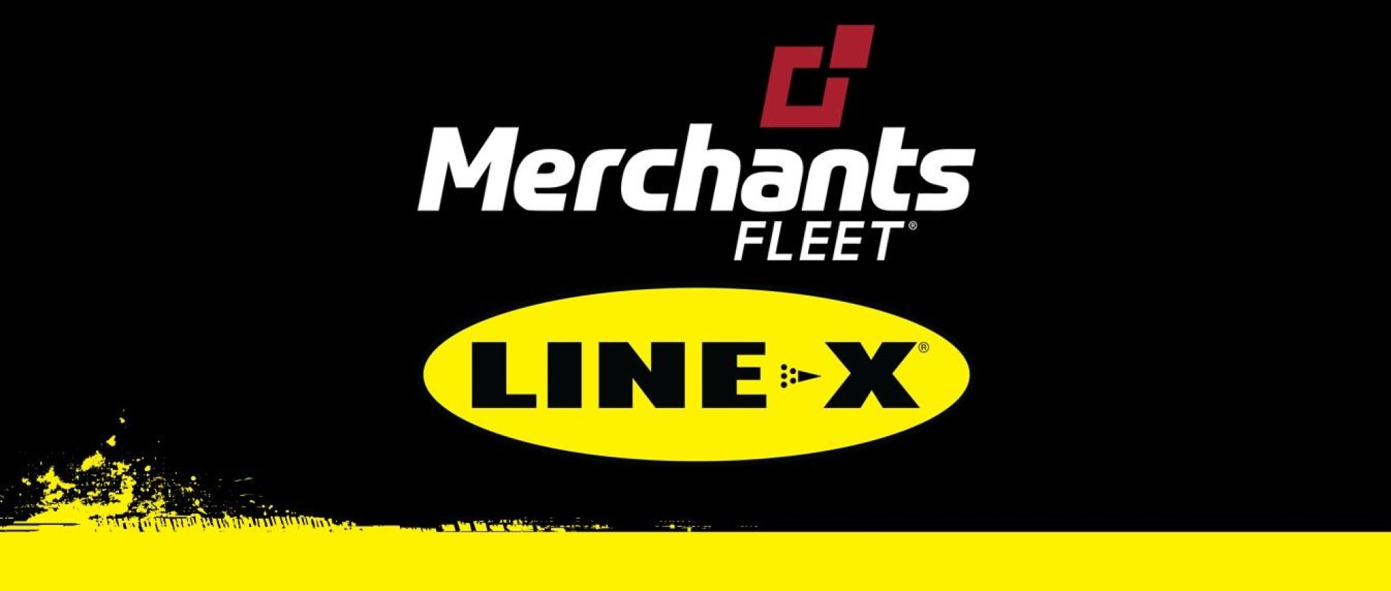 Black background with "Merchants Fleet" in bold white above a yellow oval featuring "LINE-X" in black. A yellow splash overlaps the lower edge.
